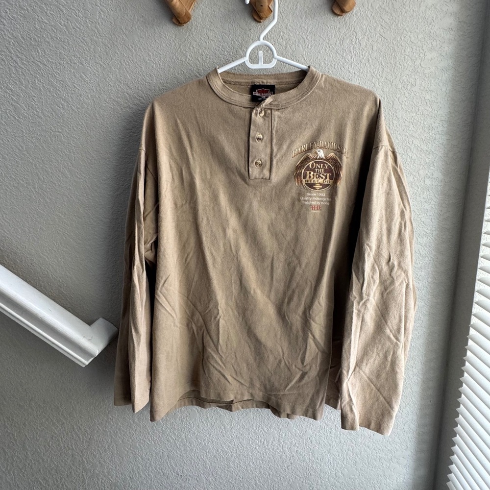 Vintage 1998 Harley Davidson Henley Shirt Mens Large Duluth MN Long Sleeve Tan *
